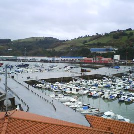 Panorámica del puerto viejo de Bermeo con sus casas de colores y las embarcaciones pesqueras amarradas