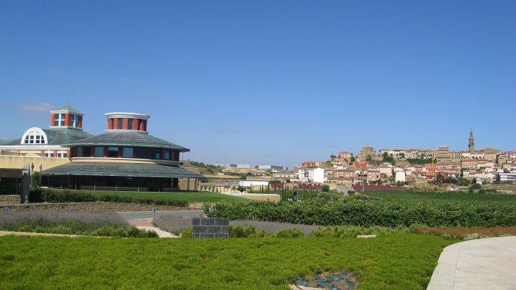 Panorámica de Briones sobre su cerro, con la torre barroca destacando entre viñedos de Rioja Alta