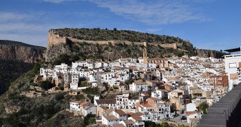 Vista panorámica de Chulilla con sus casas blancas al borde del cañón del Turia y el castillo en lo alto