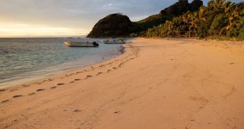Playa de arena blanca con palmeras y aguas turquesas en una isla de Fiyi