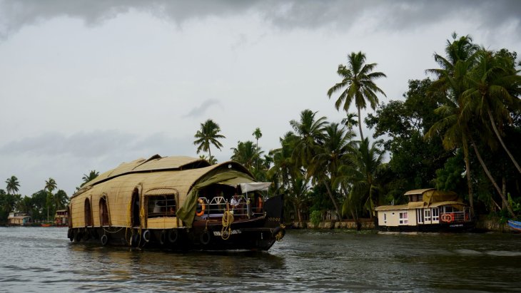 Casa flotante navegando entre palmeras por los backwaters de Kerala, en la India