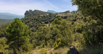 Vista panorámica de Moratalla con su castillo y el caserío escalonado en la ladera, rodeado de sierras