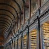 Sala histórica de una biblioteca con estanterías de madera repletas de libros antiguos