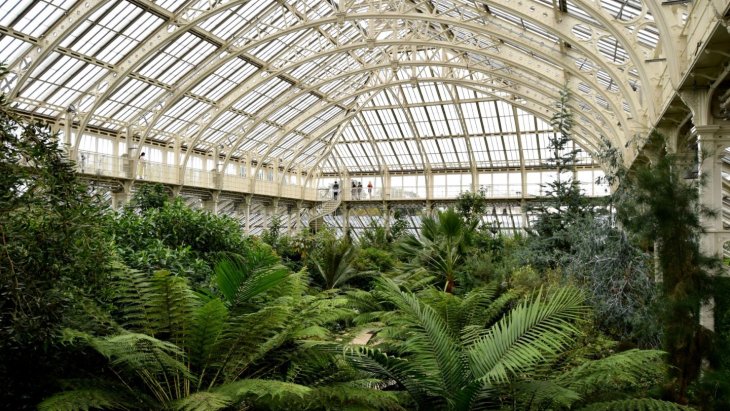 Gran invernadero de hierro y cristal rodeado de vegetación exuberante en un jardín botánico