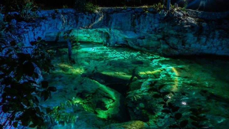 Cenote de aguas turquesas rodeado de vegetación en Yucatán, México