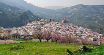 Panorámica de Zuheros con su castillo sobre la roca y las casas blancas asomadas al mar de olivos de la Subbética